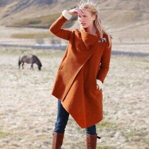 GARNET HILL Womens Sz 10 Coat Asymmetrical 100% Boiled Wool‎ Wrap Orange Pockets